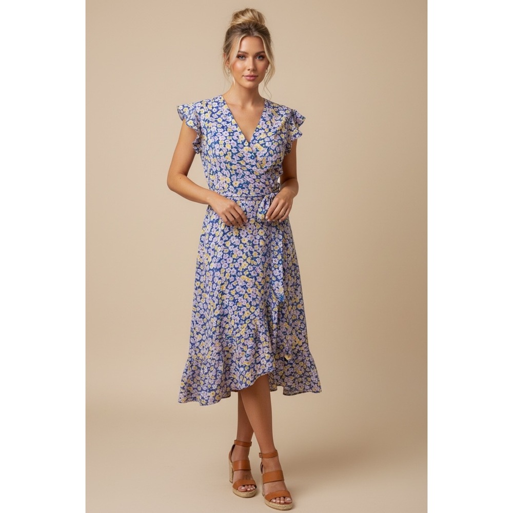 Monteau Los Angeles Blue Floral Wrap Midi Dress Size Large Ruffle High-Low
